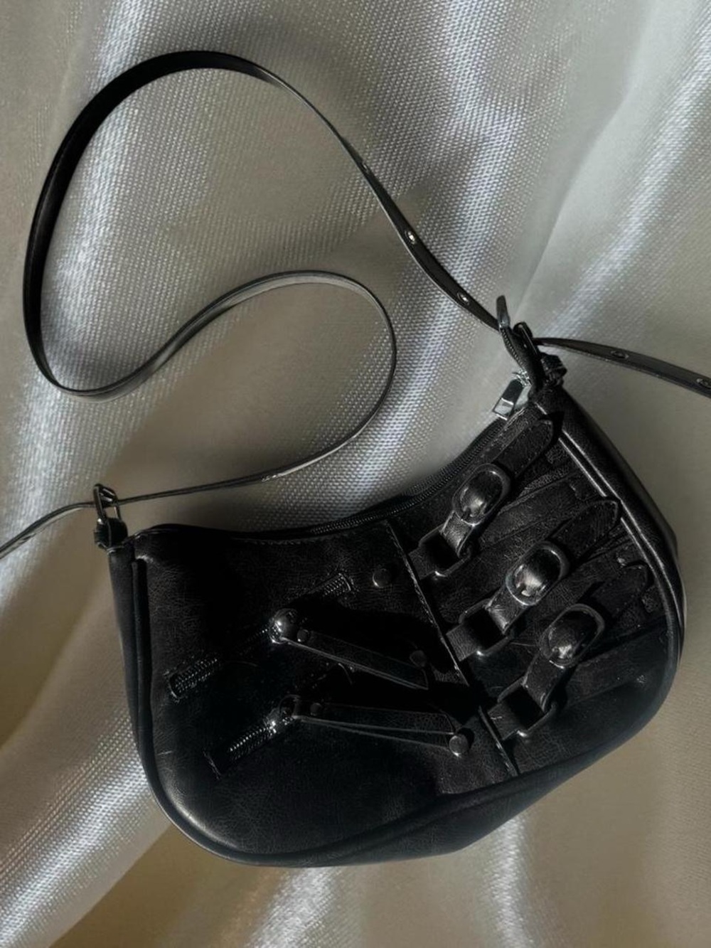 Edikted Black Leather Shoulder Bag with Buckle Straps